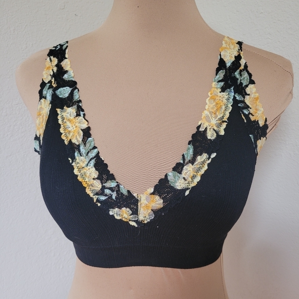Pink VS Black Bralette with Yellow Floral Trim